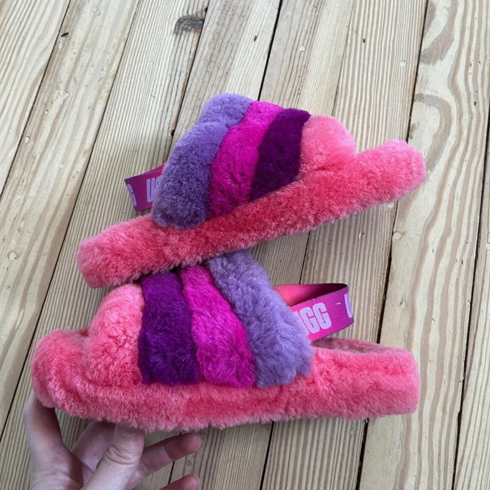 UGG Fluff Yeah Slide Pink Purple Striped Sheepskin Slingback Sandals Kids Size 2